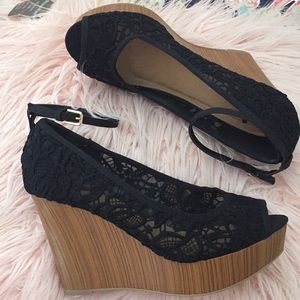 Report Black Lace Peep Toe Wedges with Ankle Strap